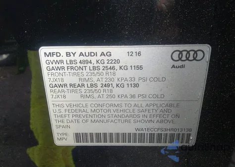 2017 Audi Q3 2.0T Premium z USA, uszkodzony, nr VIN WA1ECCFS3HR013138